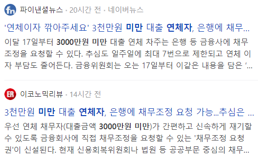 소액 대출 채무조정 소식 뉴스들