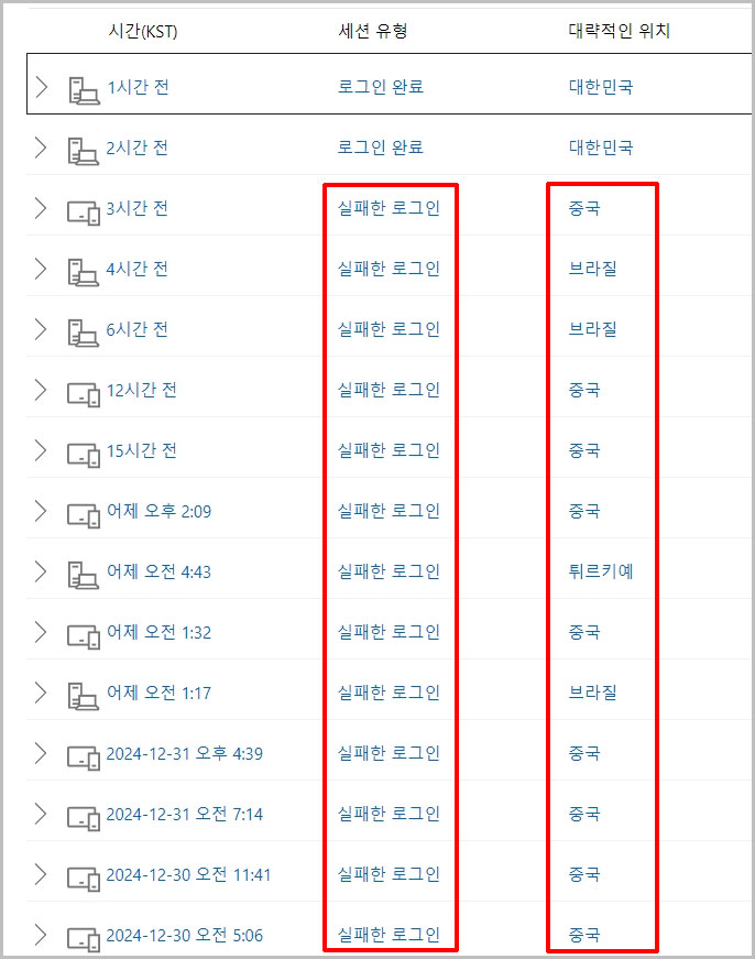 마이크로소프트 로그인 접속 기록