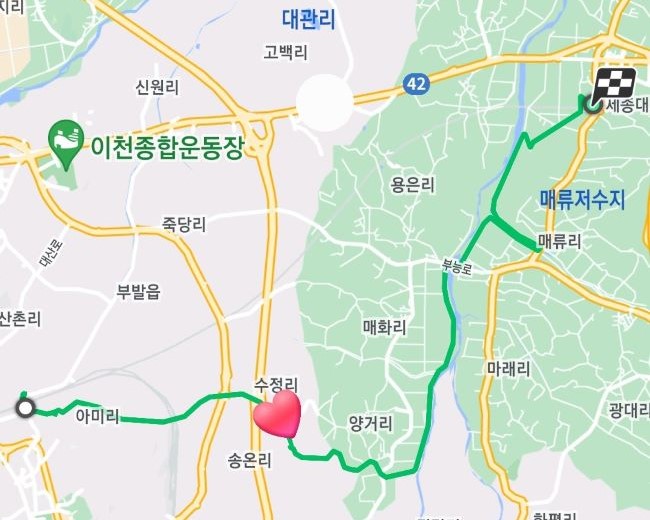 오늘 걸은 gps 경로 라인 녹색라인&#44; 가운데 하트는 수정리 마을회관&#44;