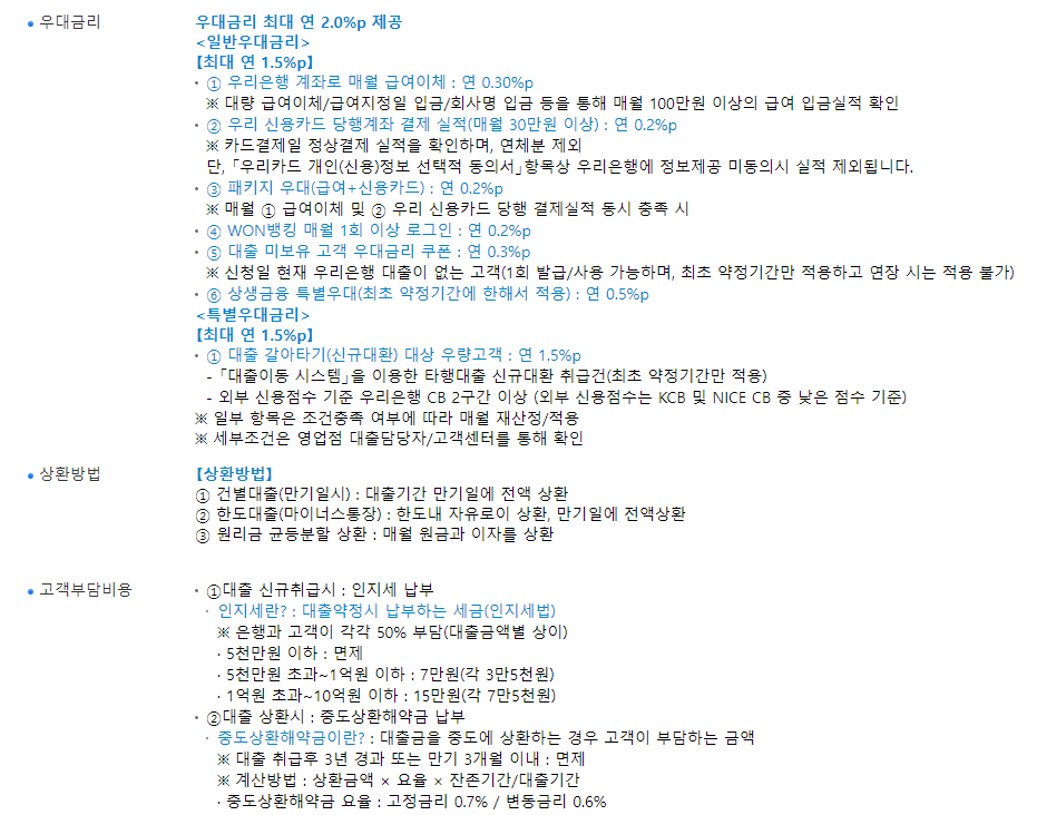 우리은행 신용대출 갈아타기 우대금리 및 상환방법