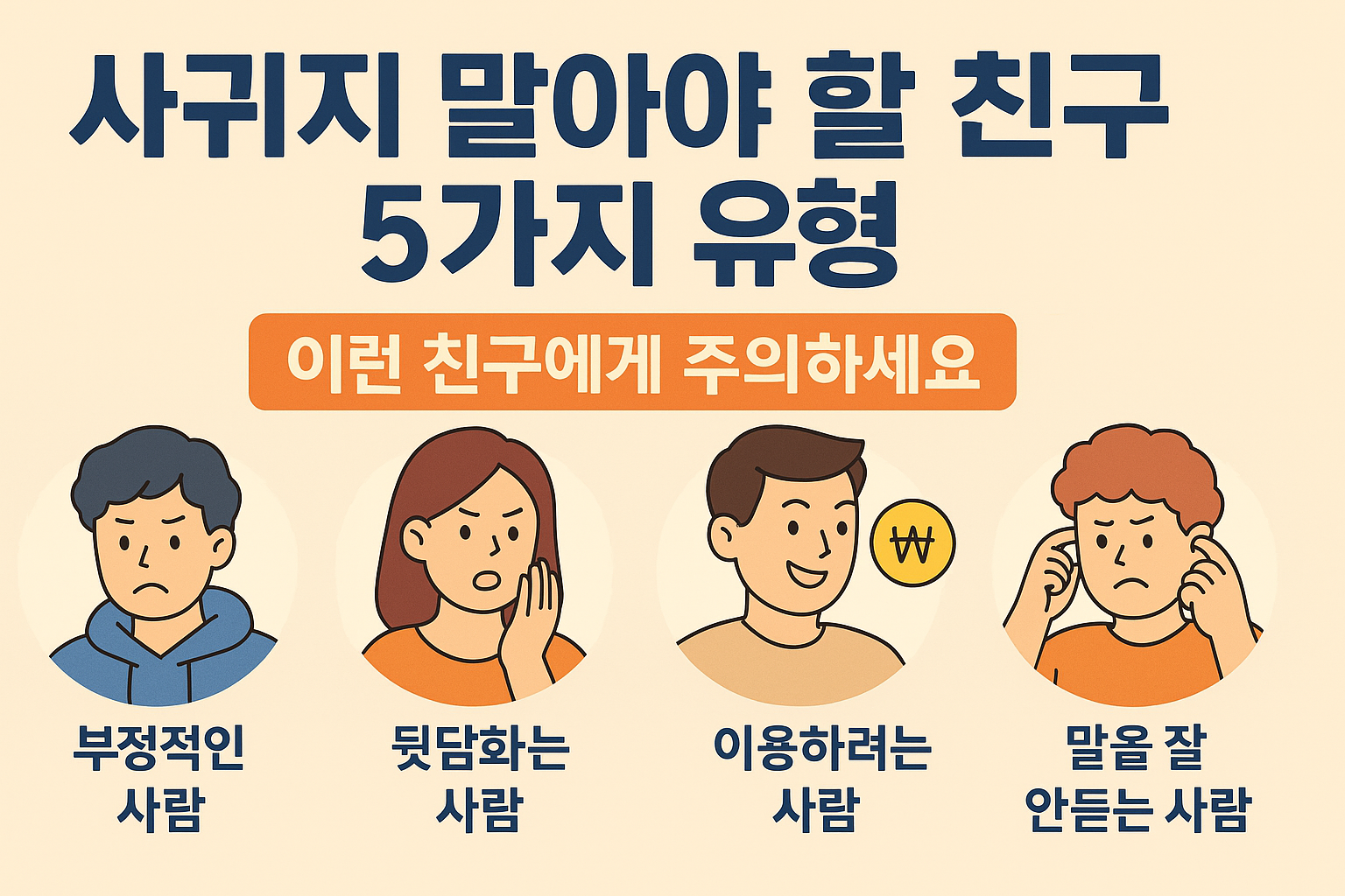 사귀지 말아야 할 친구 5가지 유형 인포그래픽. 부정적인 사람, 뒷담화하는 사람, 이용하려는 사람, 말을 잘 안 듣는 사람 등 캐릭터 일러스트와 함께 표현됨.
