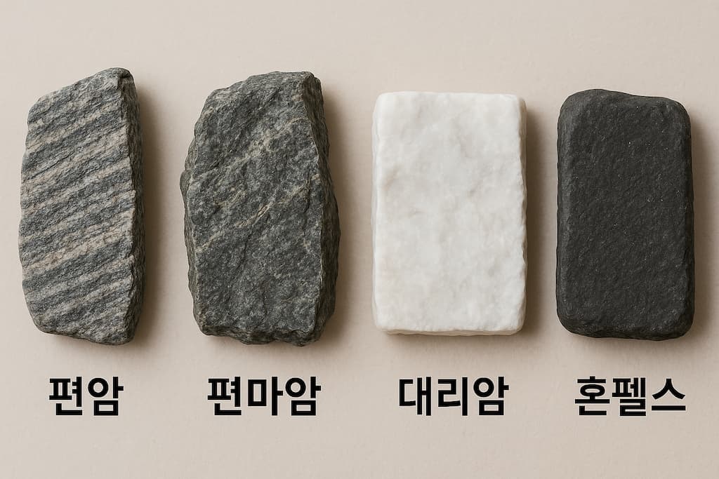 변성암의 일종인 편암, 편마암, 대리암, 홀펠스의 이미지