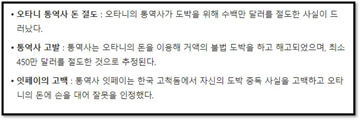 오타니 통역사 돈 절도 : 오타니의 통역사가 도박을 위해 수백만 달러를 절도한 사실이 드러났다.
통역사 고발 : 통역사는 오타니의 돈을 이용해 거액의 불법 도박을 하고 해고되었으며&#44; 최소 450만 달러를 절도한 것으로 추정된다.
잇페이의 고백 : 통역사 잇페이는 한국 고척돔에서 자신의 도박 중독 사실을 고백하고 오타니의 돈에 손을 대어 잘못을 인정했다.