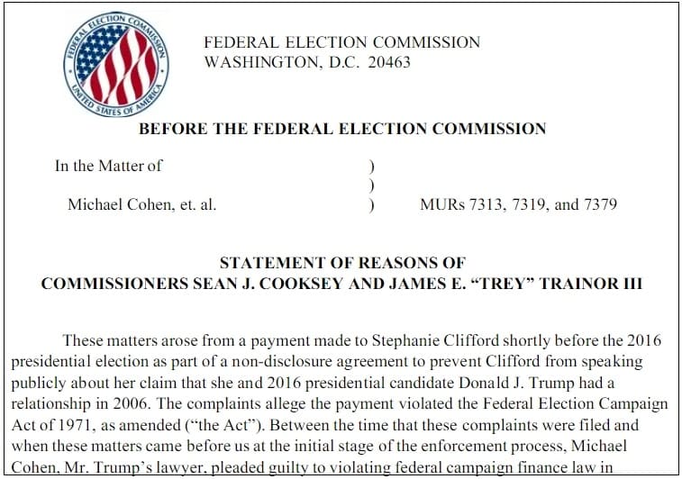 미 선거위원회(FEC)&#44; 트럼프 기소 선거법 위반 성립 안된다 FEC: Trump-Stormy case &#39;not a campaign finance violation