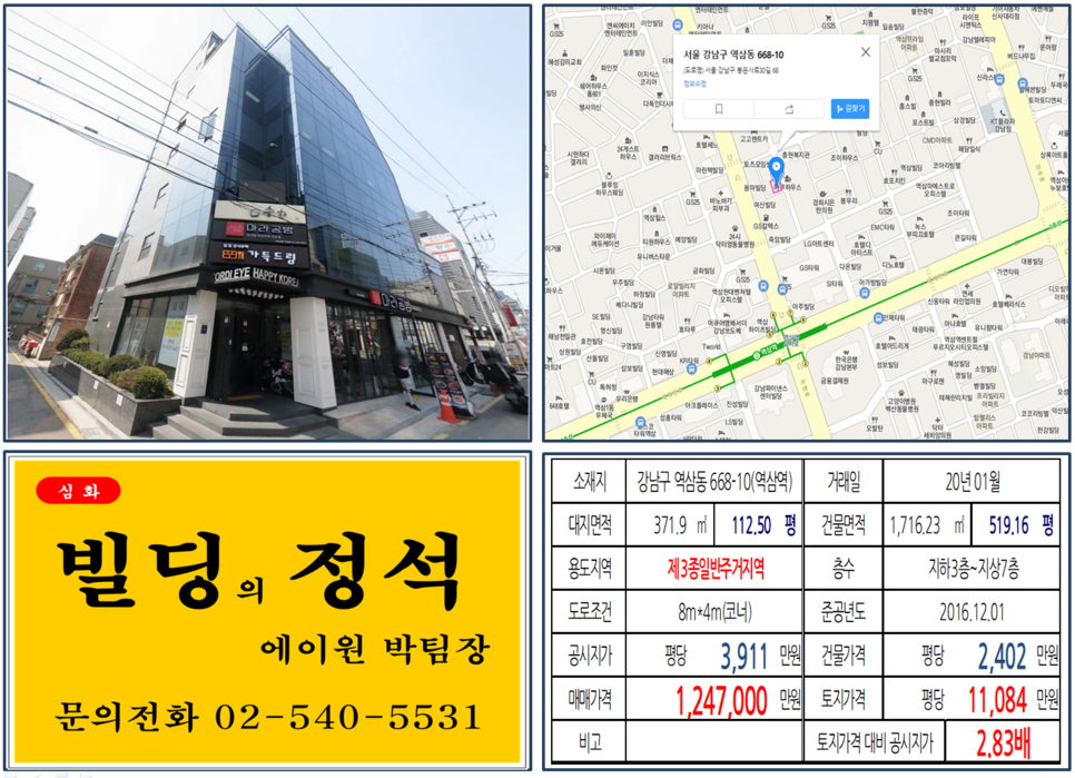  [강남구 역삼역 코너 신축빌딩 실거래가 조회] 역삼동 668-10 (역삼역) 124.7억 원, 평당 11,084만 원, GS타워 이면 신축 코너빌딩, 르네상스호텔 개발호재지역