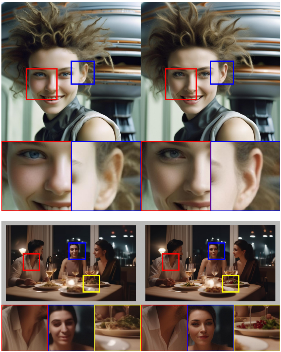 그림 13. 이 논문에서 논의한 정제 모델을 적용한 경우(오른쪽과 아닌 경우(왼쪽)의 SDXL 샘플(네모는 일부 확대).프롬프트: (위) &ldquo;close up headshot&#44; futuristic young woman&#44; wild hair sly smile in front of gigantic UFO&#44; dslr&#44; sharp focus&#44; dynamic composition&rdquo; (아) &ldquo;Three people having dinner at a table at new years eve&#44; cinematic shot&#44; 8k&rdquo;. 자세히 보려면 원 논문을 보세요.