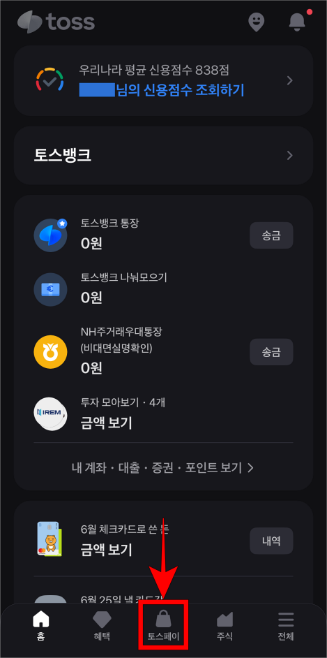 토스 앱 하단의 '토스페이'를 선택