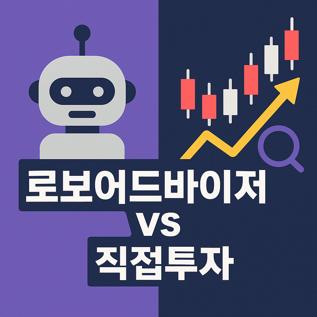 화면을 반으로 나눠 왼쪽에 로봇 아이콘, 오른쪽에 주식 차트와 돋보기 아이콘이 배치되고, 중앙 하단에 고대비 텍스트 ‘로보어드바이저 vs 직접투자’가 강조된 2D 일러스트 썸네일 이미지