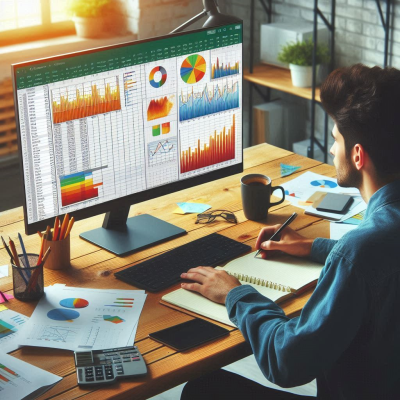 손이 키보드 위에 놓여져 있으며, 복잡한 데이터 차트와 그래프가 보이는 화면을 보여주는 이미지입니다.