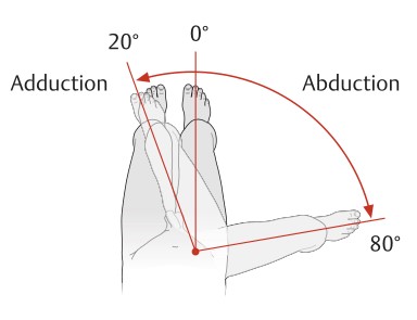 고관절 내회전과 외회전을 측정하기 위해서 앉은 자세에서 측정하는 것을 보여주는 그림