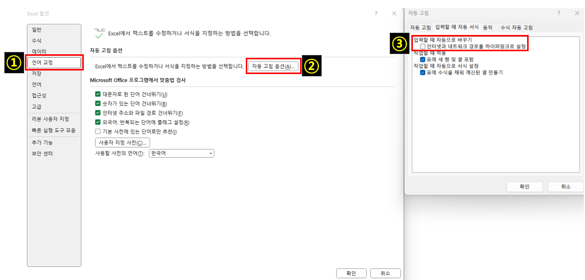 하이퍼링크 자동 생성 옵션을 해제한 사진