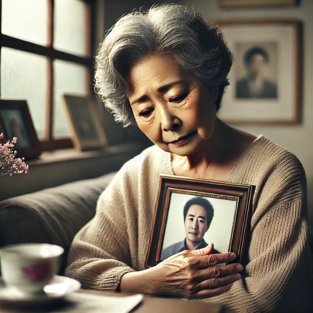 햇살이 들어오는 방 안&amp;#44; 노부인이 고인의 사진이 담긴 액자를 두 손으로 안고 슬픈 표정으로 응시하고 있다.