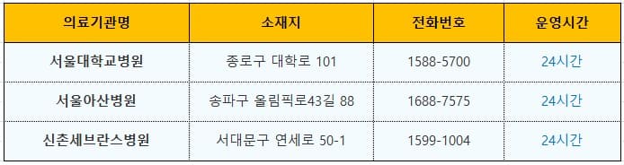 서울시 야간 휴일 소아 진료병원 3차병원 목록