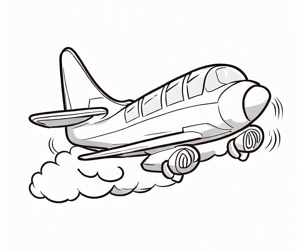 일반적 느낌의 비행기와 구름이 있는 색칠 도안.