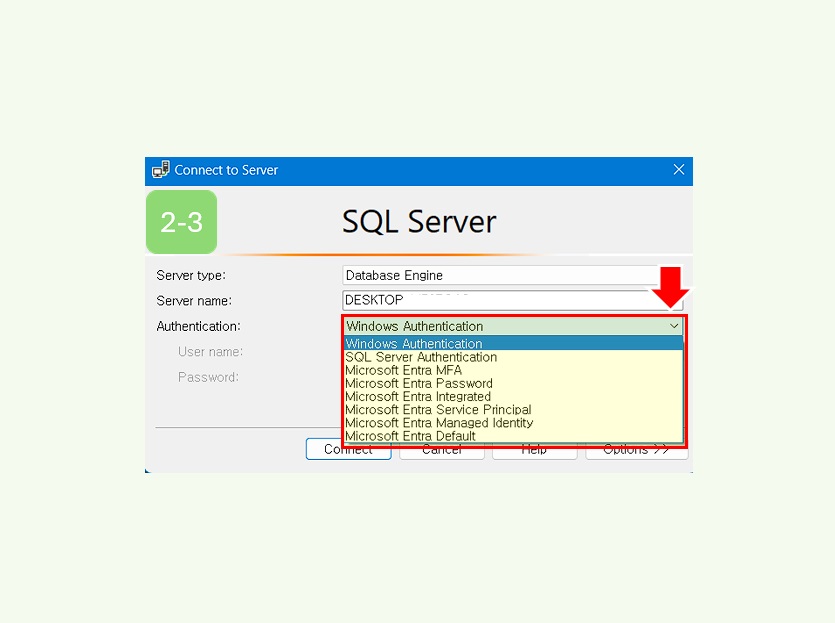 Window Authentication 선택해 주세요.