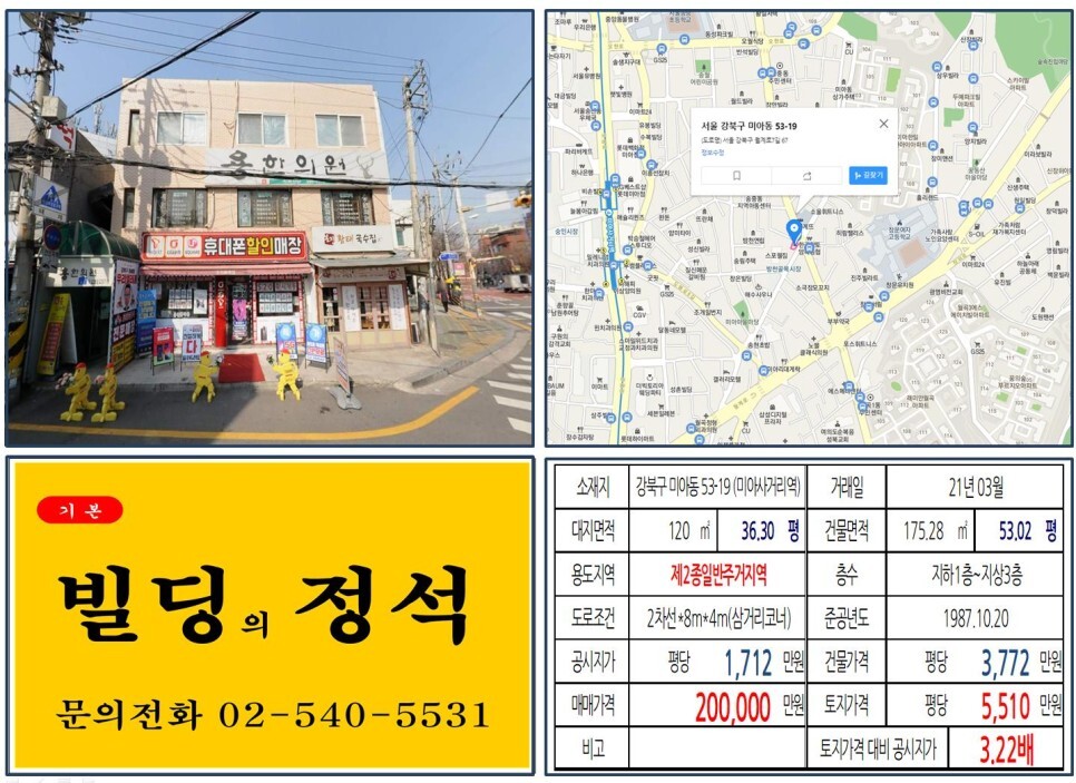  [강북구 방천시장 20억 꼬마빌딩 실거래가 조회] 미아동 53-19 (미아사거리역) 20억 원, 평당 5,510만 원 매매되었습니다. 래미안월곡, 북서울꿈의숲, 롯데백화점 미아점