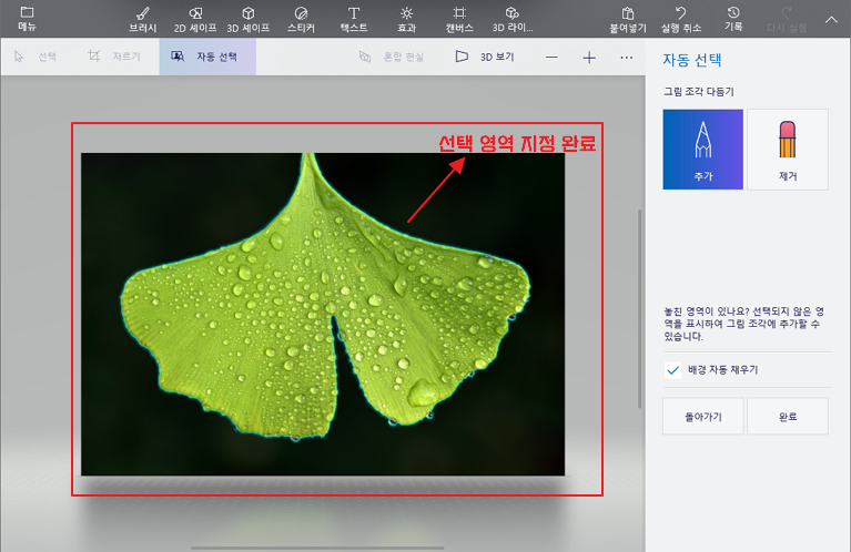 그림판 3D 자동 선택 완료