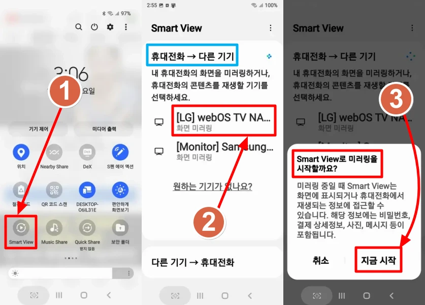 휴대폰과 스마트TV연결법 설명하는 화면 /갤럭시 휴대폰을 Smart View기능을 이용해 스마트TV에 연결하고 설정하는 법 1-4