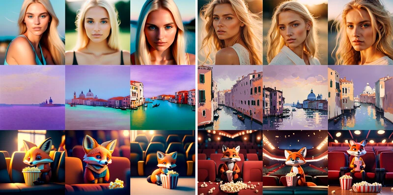 왼쪽이 SD 1.5로 생성한 이미지 예시이고, 오른쪽이 SDXL로 생성한 이미지 예시. 디테일과 크기 등이 많이 차이난다.