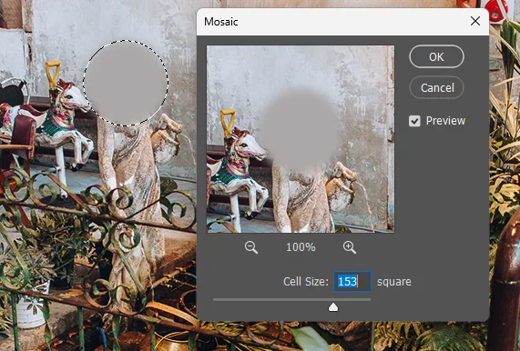 어도비 포토샵 CC에서 모자이크 설정 시 셀 사이즈 설정하는 모습