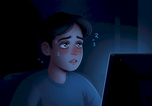어두운 방에서 디지털 화면을 쳐다보다가 피곤하고 뻑뻑한 눈으로 화면에서 시선을 떼는 사람의 카툰 일러스트레이션.