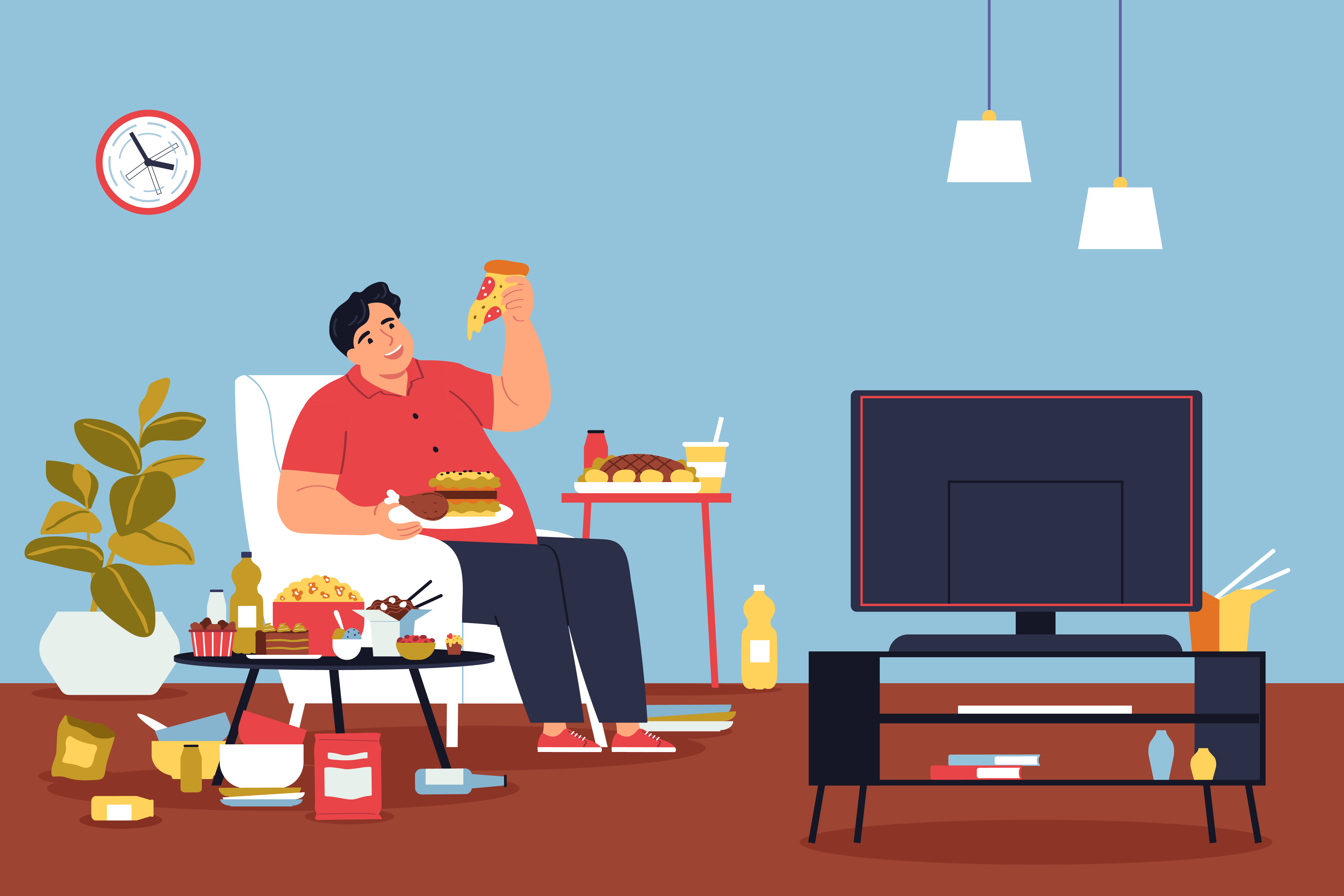 패스트푸드와 가공식품을 TV 앞에서 먹는 사람을 보여줍니다. 이는 식비 비중이 낮은 고소득 국가에서 더 접근하기 쉬운 편의성 중심의, 때로는 덜 영양가 있는 식품 선택을 대표합니다.
