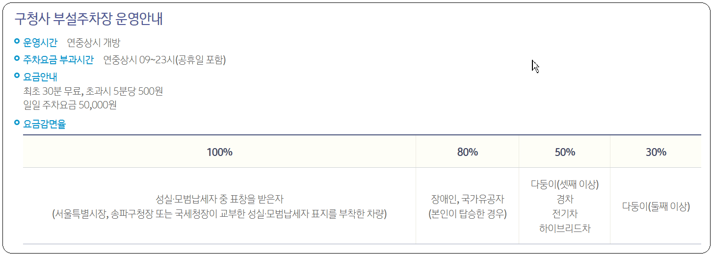 주차장 요금 및 운영시간