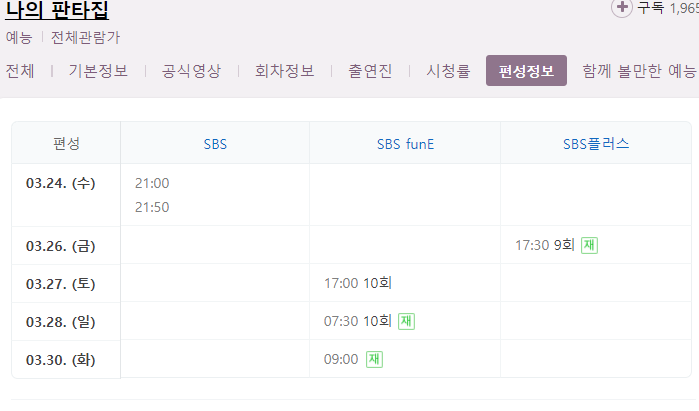 나의 판타집 10회 재방송 다시보기 편성표 편성정보 SBS 예능 시간 날짜