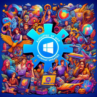 사람들과 사물이 복잡하게 얽혀 있고 중심에 윈도우 업데이트 아이콘이 있는 장면