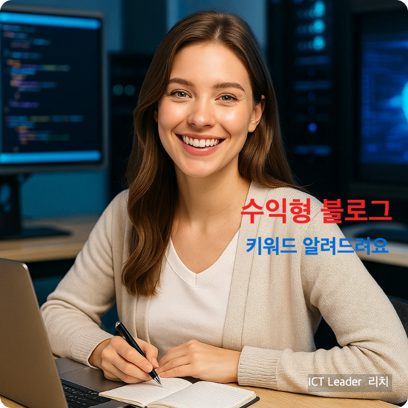 프리미엄 IT 인프라 환경에서 환하게 웃으며 작업 중인 20대 여성 블로거