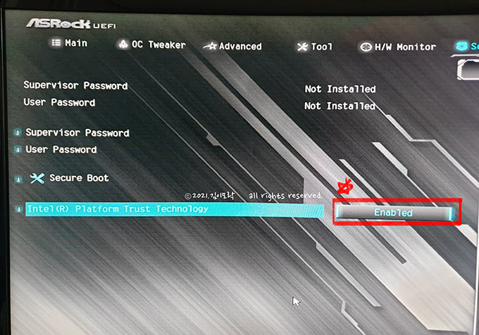 ASROCK 메인보드 BIOS에서 TPM 활성화