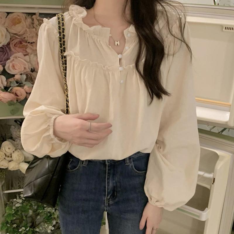 여성 가을 나나 콩단추 프릴 블라우스
