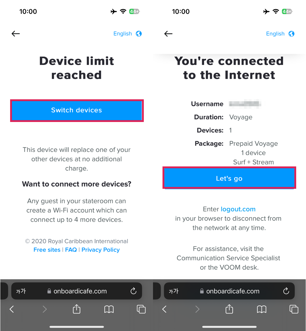 싱가포르 로얄캐리비안 크루즈 VOOM SURF + STREAM 인터넷 (WiFi) 이용 하기