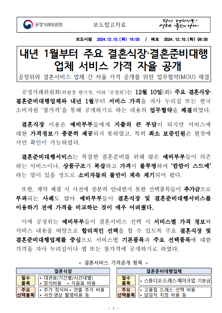 2025년 1월부터 결혼식장 서비스가격 공개 체결안