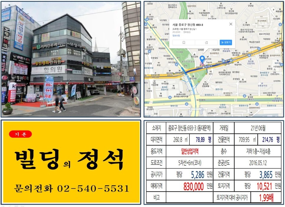  [종로구 역출구 80억 올근생 꼬마빌딩 실거래가 조회] 창신동 693-3 (동대문역) 83억 원, 평당 1억 521만 원 매매되었습니다. 창신시