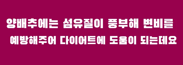 양배추에는 섬유질이 풍부해 변비를 예방해주어 다이어트에 도움이 되는데요