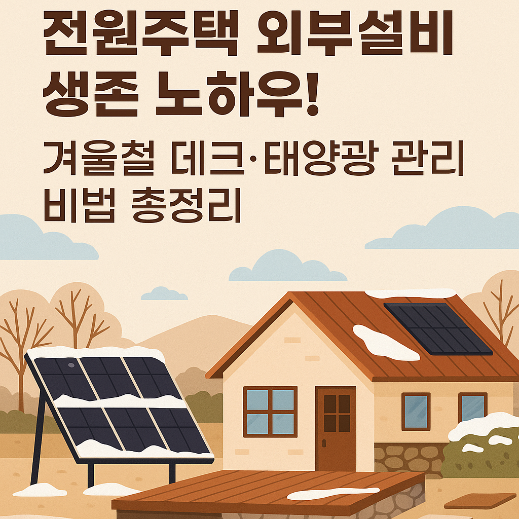 전원주택의 겨울철 외부 설비 점검을 주제로, 눈 덮인 태양광 패널과 데크가 있는 단층 주택 일러스트