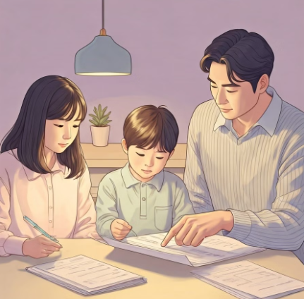 아빠와 두 아이가 집에서 함께 학교 숙제를 하는 모습