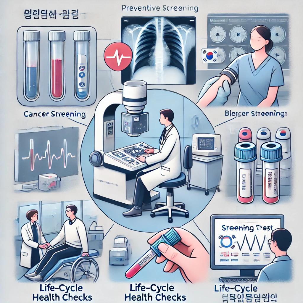 예방 검사를 실시하는 의료진과 X-ray 장비&amp;#44; 혈액 샘플 등이 보이는 장면&amp;#44; 암 검진 및 생애 주기별 건강검진을 강조한 차트 포함