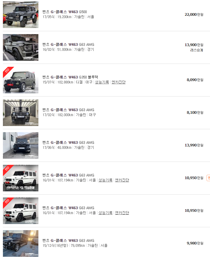 지바겐 W463 중고차 가격