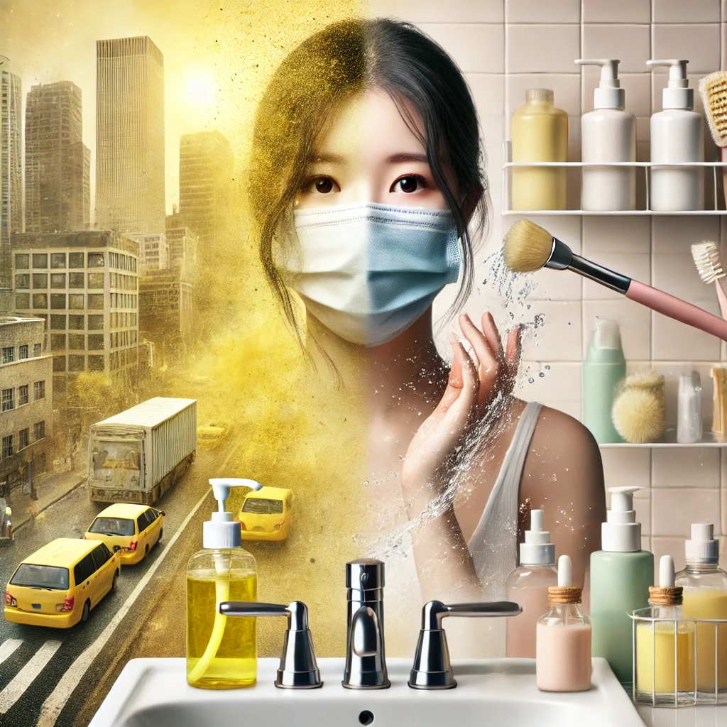 황사 낀 도심에서 마스크 쓴 여성, 세안 중인 모습, 스킨케어 제품들
