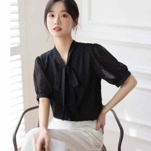 여름원단 퍼프반팔 리본타이 블라우스 검정-S