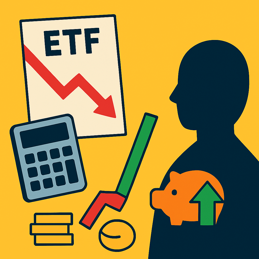 노란 배경 위의 흰색 ETF 문서와 붉은 하락 차트, 아래에는 돼지저금통과 녹색 상승 화살표, 계산기, 고민하는 인물 실루엣을 2D 일러스트로 표현한 본문 이미지