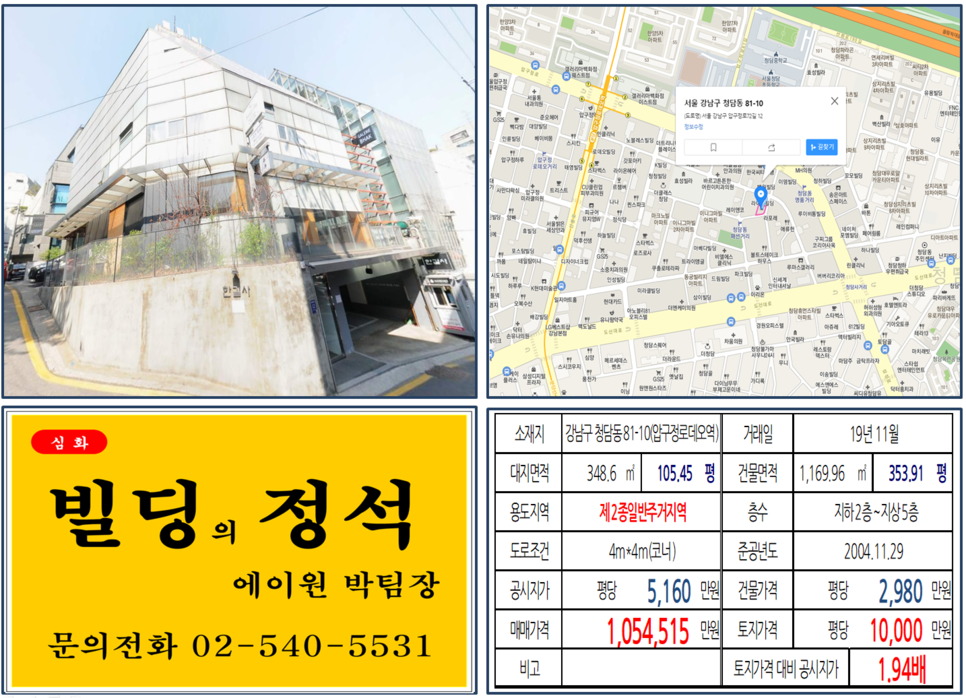  [강남구 청담동 명품거리 코너빌딩 실거래가 조회] 청담동 81-10 (압구정로데오역) 105억4,515만원, 평당 10,000만 원, 압루정로데오역, 청담동 명품거리, 도산대로