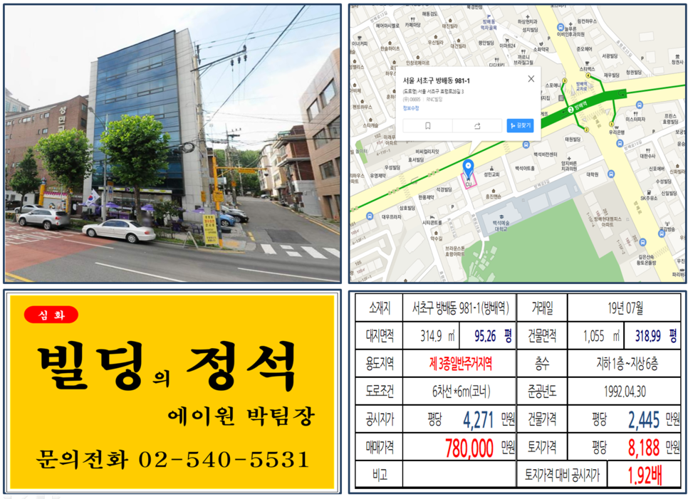  [서초구 실거래가조회]방배동 981-1(방배역) 78억, 평당 8,188만원