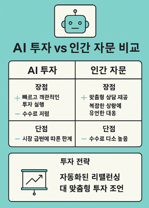 AI 투자와 인간 자문 비교 인포그래픽, 주요 장단점 요약