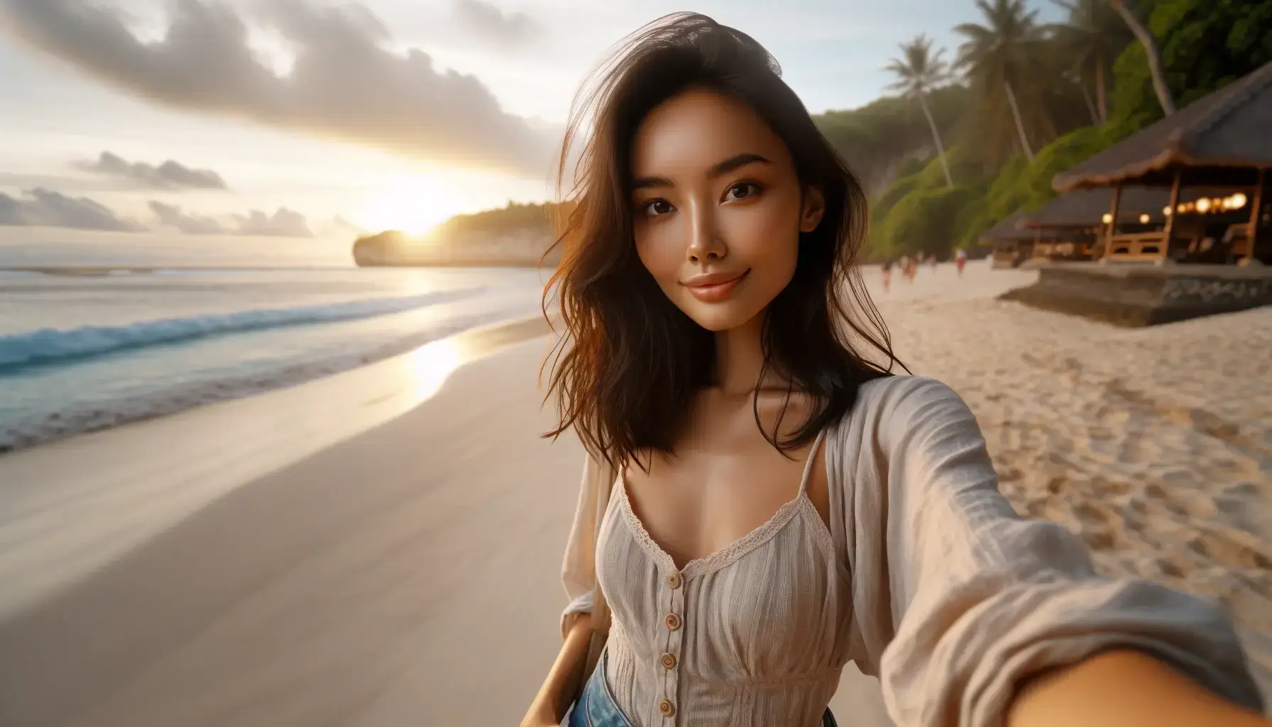 인도네시아 여행중 해변가에서 사진을 찍는 여자