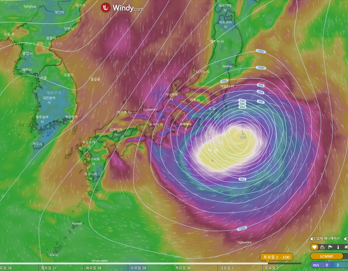 윈디닷컴-유럽기상청-ECMWF-예측모델-16호태풍-민들레