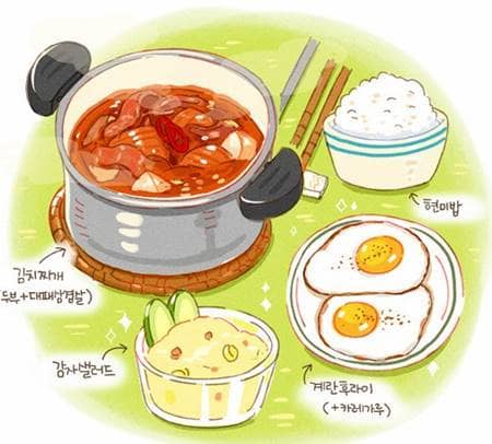 김치찌개 현미밥 계란후라이 감자샐러드