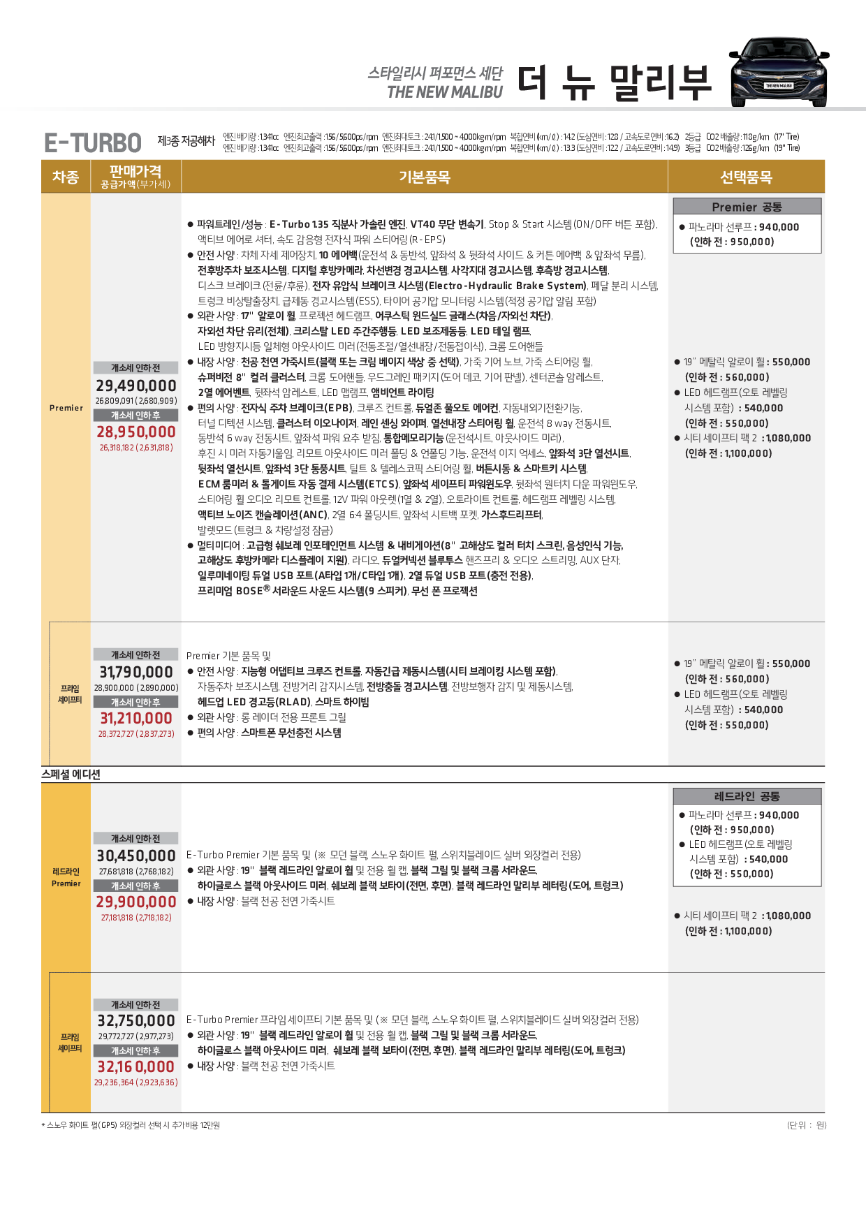 22년 8월 더뉴말리부 가격표1